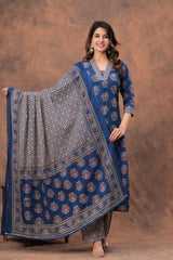 Blue Ajrakh Elegance Kurta Pant With Dupatta Set