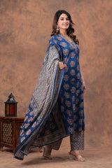 Blue Ajrakh Elegance Kurta Pant With Dupatta Set