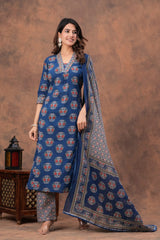 Blue Ajrakh Elegance Kurta Pant With Dupatta Set