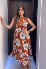 Floral Rust Cotton Slub Kurta Pant Set