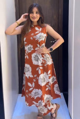 Floral Rust Cotton Slub Kurta Pant Set