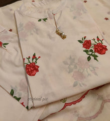 Ivory Cotton Suit Set with Rose Embroidery