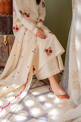 Ivory Cotton Suit Set with Rose Embroidery