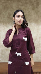 Majestic Elephant Print Wine Kurta Set