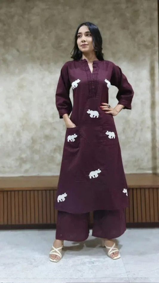 Majestic Elephant Print Wine Kurta Set