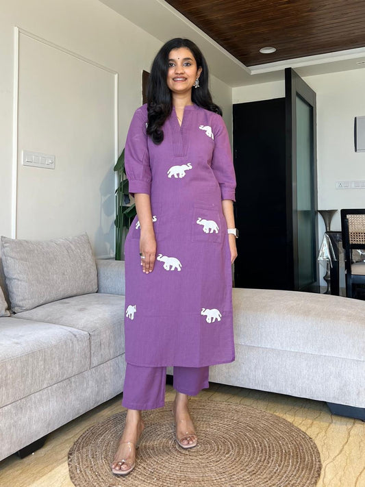 Majestic Elephant Print Purple Kurta Set