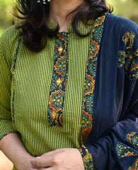 Cotton Ajrak Suit Set with Applique Dupatta