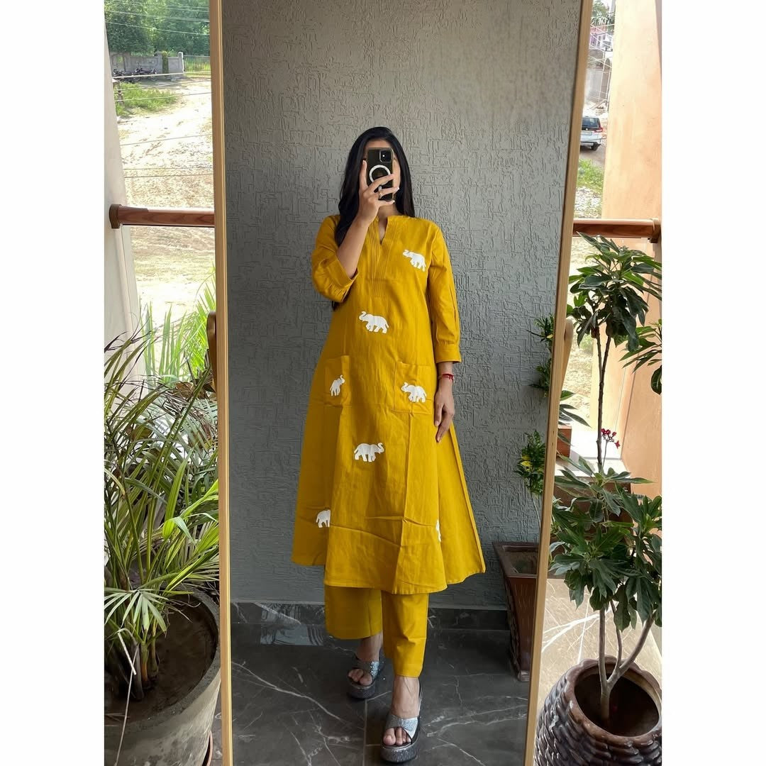 Majestic Elephant Print Yellow Kurta Set