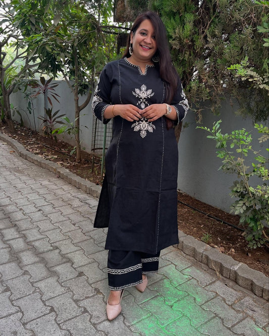 Black Embroidered South  Cotton Co-Ord Set