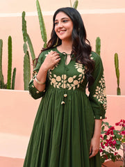 Women's Embroidered Green Anarkali Cotton Gown