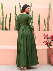 Women's Embroidered Green Anarkali Cotton Gown
