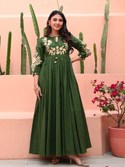Women's Embroidered Green Anarkali Cotton Gown