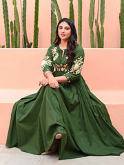 Women's Embroidered Green Anarkali Cotton Gown