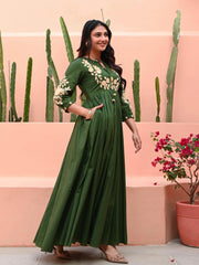 Women's Embroidered Green Anarkali Cotton Gown