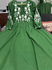 Women's Embroidered Green Anarkali Cotton Gown