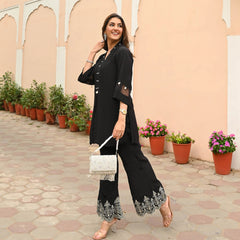Women's Black Floral  Embroidery Crop Top And Skirt Co-Ord Set