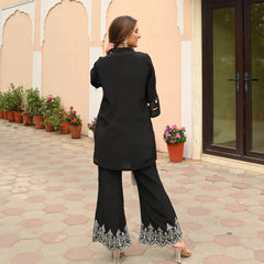 Women's Black Floral  Embroidery Crop Top And Skirt Co-Ord Set