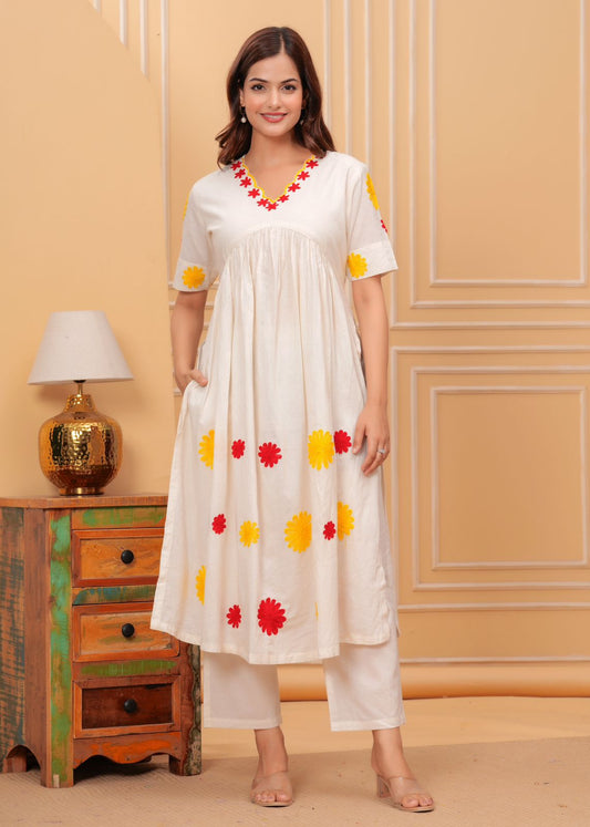 Women's White Kurta with Palazzo Floral Embroidered. V-Neck Set