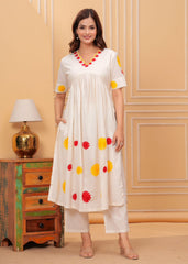 Women's White Kurta with Palazzo Floral Embroidered. V-Neck Set
