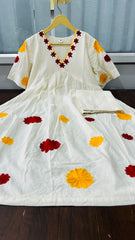 Women's White Kurta with Palazzo Floral Embroidered. V-Neck Set
