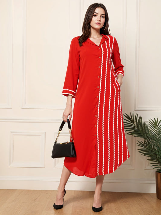 Red Embroidered Rayon A-line Midi Dress