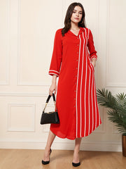Red Embroidered Rayon A-line Midi Dress