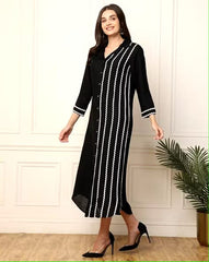 Black Embroidered Rayon A-line Midi Dress