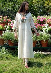 Women's White Embroidered Cotton Kurta and Pant Set