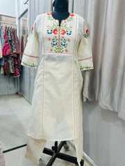 Women's White Embroidered Cotton Kurta and Pant Set