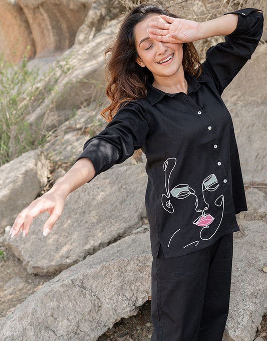 Women's Black Embroidered Cotton Flex Co-Ord Set