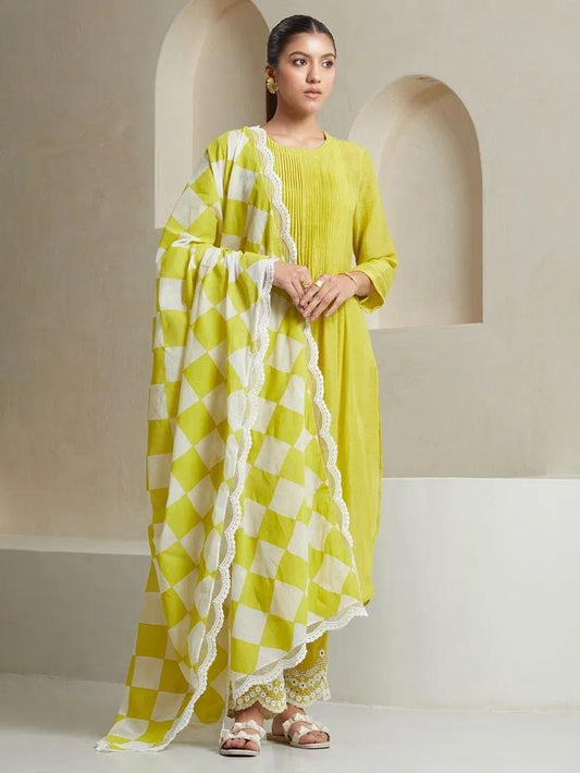 Women's Cotton Embroidered Straight Kurta with Pants and Duptta Set