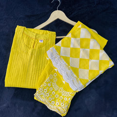 Women's Cotton Embroidered Straight Kurta with Pants and Duptta Set