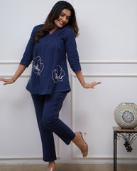 Dark Blue Embroidered Cotton Co-Ord Set