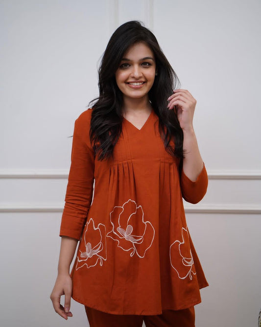 Rust Red Embroidered Cotton Co-Ord Set