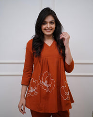 Rust Red Embroidered Cotton Co-Ord Set