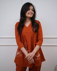 Rust Red Embroidered Cotton Co-Ord Set