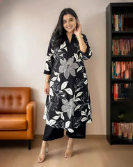 Black Women's Cotton Viscose A-line Printed Kurta with Pant For Women