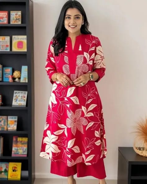 Red Women's Cotton Viscose A-line Printed Kurta with Pant For Women