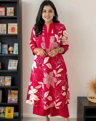 Red Women's Cotton Viscose A-line Printed Kurta with Pant For Women