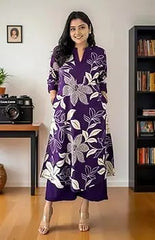 Purple Women's Cotton Viscose A-line Printed Kurta with Pant For Women