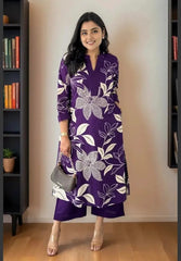 Purple Women's Cotton Viscose A-line Printed Kurta with Pant For Women