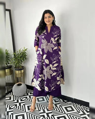 Purple Women's Cotton Viscose A-line Printed Kurta with Pant For Women