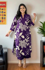 Purple Women's Cotton Viscose A-line Printed Kurta with Pant For Women