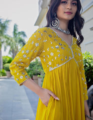 Mustard Yellow Sequence Embroidered Rayon Anarkali Gown