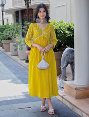 Mustard Yellow Sequence Embroidered Rayon Anarkali Gown