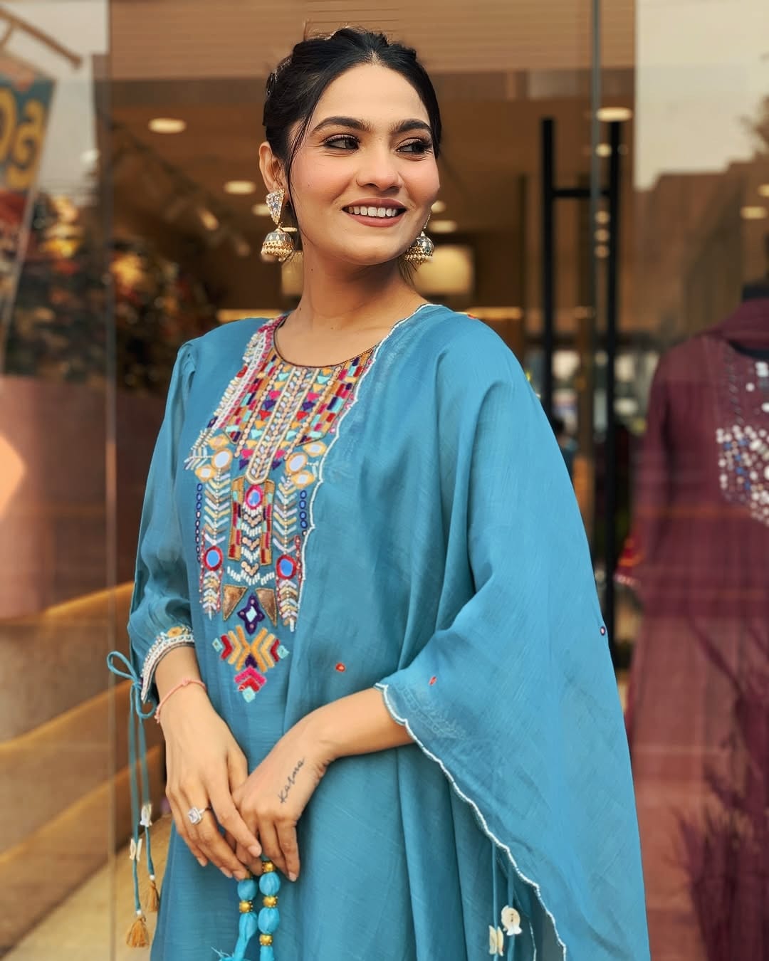 blue chanderi dupatta set, embroidery dupatta set, wearline
