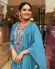 blue chanderi dupatta set, embroidery dupatta set, wearline