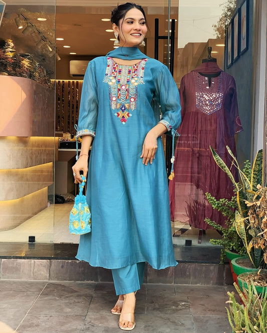 blue chanderi dupatta set, embroidery dupatta set, wearline