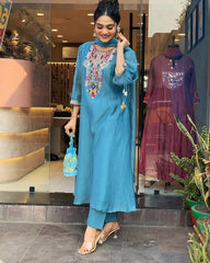 blue chanderi dupatta set, embroidery dupatta set, wearline