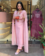 pink chanderi dupatta set, Embroidery dupatta set, wearline
